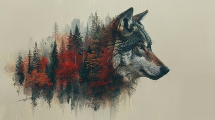   A wolf stands before an ornate forest backdrop of vibrant reds, oranges, greens on a pristine white canvas