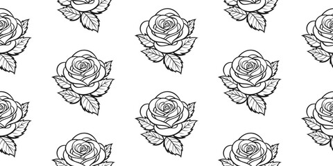 Poster - Seamless pattern with roses and leaves. Seamless pattern with flowers. Black and white vector illustration.
