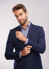 Poster - Portrait, studio and businessman with smile, confidence and corporate fashion with pride. Salesman, consultant or entrepreneur man in business suit with stylish gentleman clothes on white background