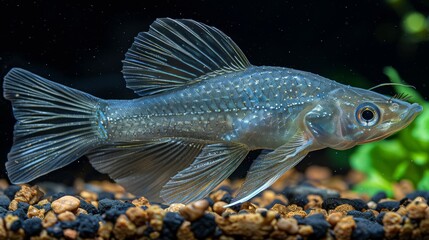  A fish close-up, surrounded by rocks, plants, and water, in an aquarium setting