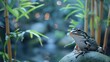  sharp image of a frog perched atop a rock in front of a bamboo tree with focused, bright lighting in the backdrop