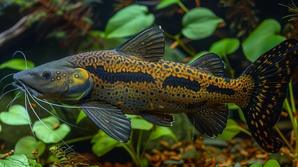  A close-up of a fish in a body of water surrounded by plants in the background
