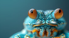  Close Up Of A Blue And Orange Frog's Face With Two Large, Round Orange Eyes