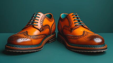 Sticker -  A pair of orange shoes, positioned on a blue and green surface with a green backdrop