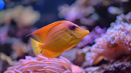  A close-up photo of a fish surrounded by vibrant corals, with water visible in the foreground