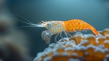  An orange and white shrimp sits near an orange and white sea anemone in an aquarium photo