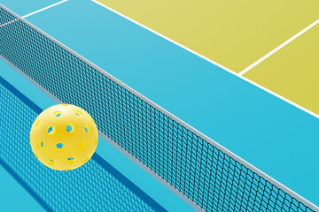 Wall Mural - A pickleball ball over a sports court net. 3D rendering