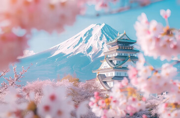 Wall Mural - A beautiful Japanese castle surrounded by cherry blossoms with Mount Fuji in the background, vibrant colors