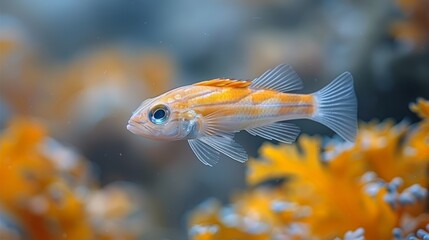  A detailed close-up of a colorful fish resting among vibrant corals, surrounded by clear blue water