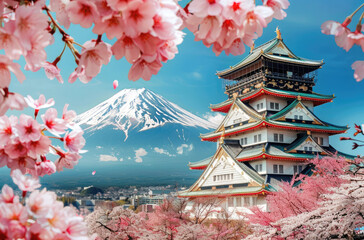 Sticker - A beautiful Japanese castle surrounded by cherry blossoms with Mount Fuji in the background, vibrant colors