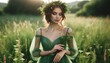 Depict a woman in a graceful green dress, standing in a lush meadow.