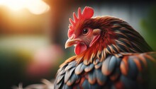 A Close-up, Minimalist Shot Of A Chicken With A Sharp Focus On Its Detailed Feathers And Bright Red Comb.
