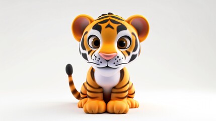 Wall Mural - Cute cartoon tiger cub sitting down, looking at the camera with a curious expression. Isolated on a white background.