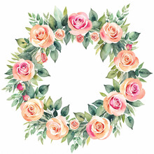 Watercolor Pink Roses, Rose Flower Wreath Laurel. Decoration For Weddings, Wedding Design, Wedding Invitation, Mother's Day Card.