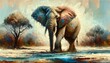 Create a detailed and vivid image of an elephant with a powerful stance in an abstract painting style, set in the wilderness.