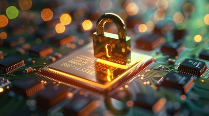 Fototapete - A golden padlock is floating above the computer chip, creating an atmosphere of security and data protection legal aspects. Generative AI.