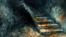 Eerie Watercolor Of A Winding Staircase Descending Into Mysterious Depths