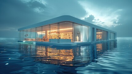 A store located on the sea surface, glass walls, Night background. Generative AI.
