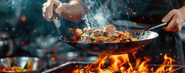 Professional chef flips a searing stir-fry in a wok, flames engulfing the savory dish in a commercial kitchen