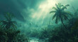 Lush green jungle with palm trees and cloudy sky. The sky is cloudy and the sun shines through the forest fog clouds