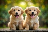 Fototapeta Sawanna - Cute Golden Retriever puppies sitting in the park in summer