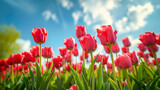 Fototapeta Tulipany - tulips field with blue sky