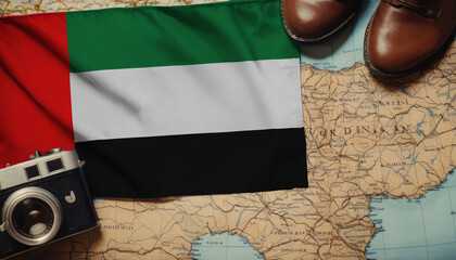 United Arab Emirates flag on the map surrounded by camera, shoes. Travel and tourism concept