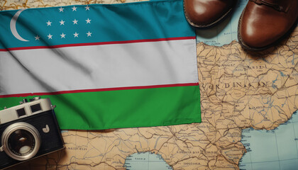 Uzbekistan flag on the map surrounded by camera, shoes. Travel and tourism concept