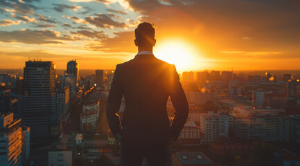 Aufkleber - A successful businessman standing on top building with sunrise. Generative AI.