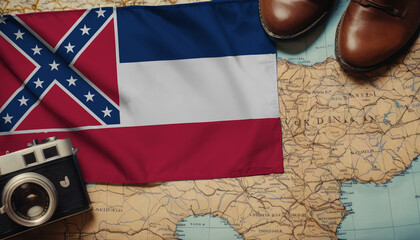 Mississippi flag on the map surrounded by camera, shoes. Travel and tourism concept