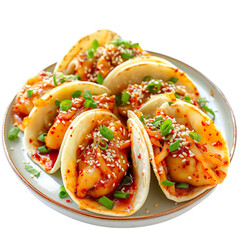 Front view of Kimchi Mandu Tacos with Korean dumplings filled with kimchi isolated on a white transparent background