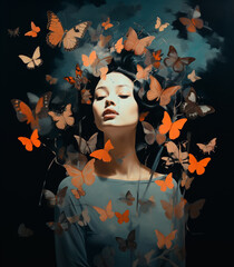 illusion of a girl's innermost thoughts, where butterflies dance in shades of dark cyan and orange above her head.