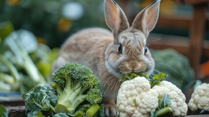 Wall Mural - A rabbit eating Broccoli and Cauliflower. Generative AI.