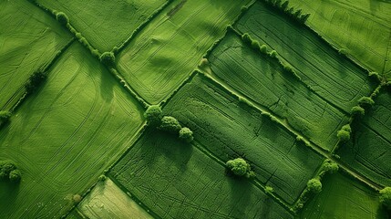 Wall Mural - An aerial view of a patchwork of green fields, with trees and hedgerows.