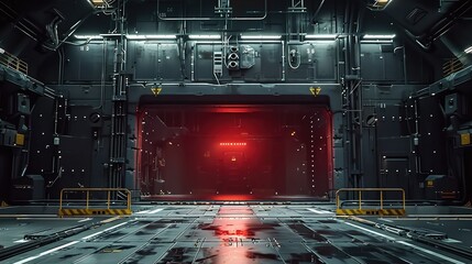 Poster - A massive elevator door with red siren above. Inside massive, dark, underground mech hangar. Generative AI.