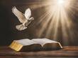 Flying dove above an opened book. The Holy spirit appears over the Bible