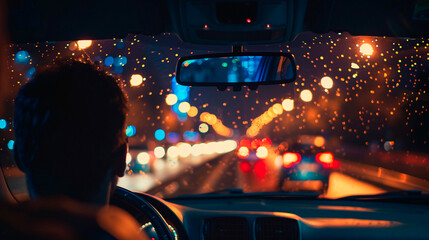 Man driving car in rainy night. Blurred city background.