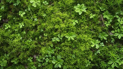 Sticker - Top view of green moss and clover growing on the forest floor.