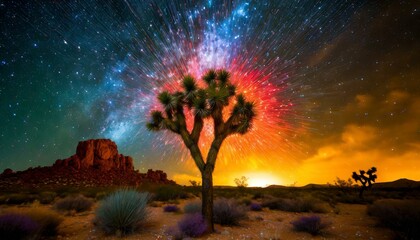 Exploding star dust and sun rays over a joshua tree in night light