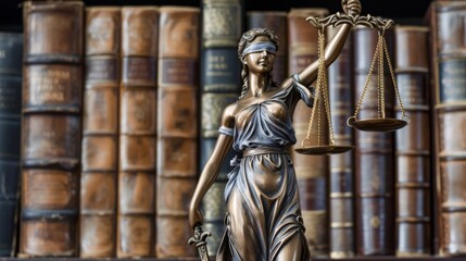 Close-up of a Lady Justice statue with a backdrop of aged law books