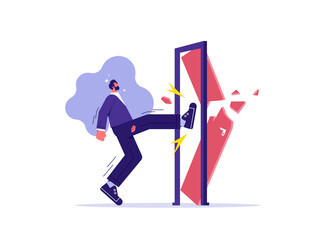 Business concept of overcoming obstacles, businessman kicks the door until door shattered, man kicking locked door and destroy