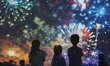 © Mattie - Happy children watching firework celebration show on the beach, summer July fourth independence day holiday sparkling sky with beautiful painterly colors