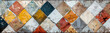 Abstract colored vintage worn shabby lozenge diamond rue motif tiles adorn stone, concrete, and marbled walls, offering a unique texture.