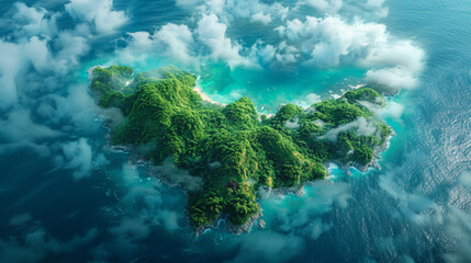 Wall Mural - Aerial view of a lush tropical island surrounded by turquoise waters, teeming with coral reefs