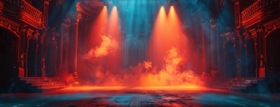 Theater stage light background with spotlight illuminated the stage for opera performance. Empty stage with warm ambiance colors, fog, smoke, backdrop decoration. Entertainment show