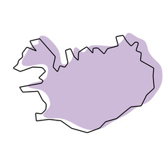 Wall Mural - Iceland country simplified map. Violet silhouette with thin black smooth contour outline isolated on white background. Simple vector icon