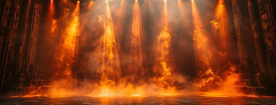 Theater stage light background with spotlight illuminated the stage for opera performance. Empty stage with warm ambiance colors, fog, smoke, backdrop decoration. Entertainment show