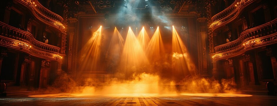 Theater stage light background with spotlight illuminated the stage for opera performance. Empty stage with warm ambiance colors, fog, smoke, backdrop decoration. Entertainment show