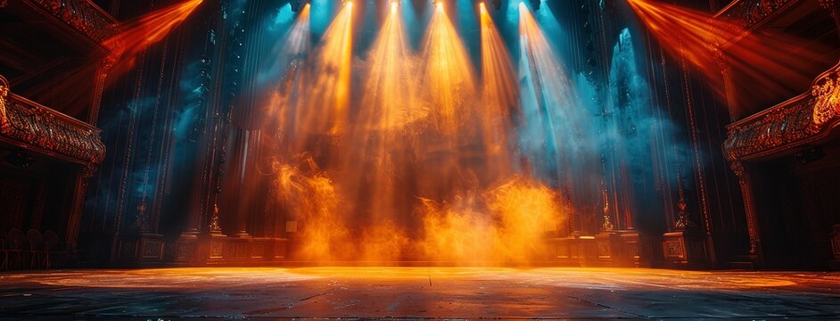 Theater stage light background with spotlight illuminated the stage for opera performance. Empty stage with warm ambiance colors, fog, smoke, backdrop decoration. Entertainment show