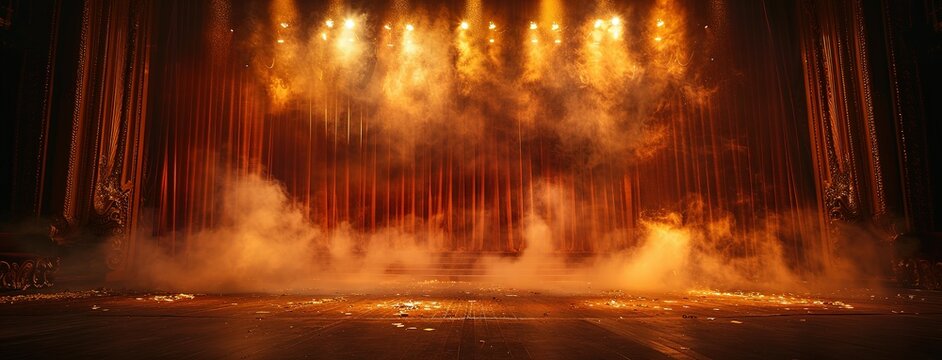Theater stage light background with spotlight illuminated the stage for opera performance. Empty stage with warm ambiance colors, fog, smoke, backdrop decoration. Entertainment show